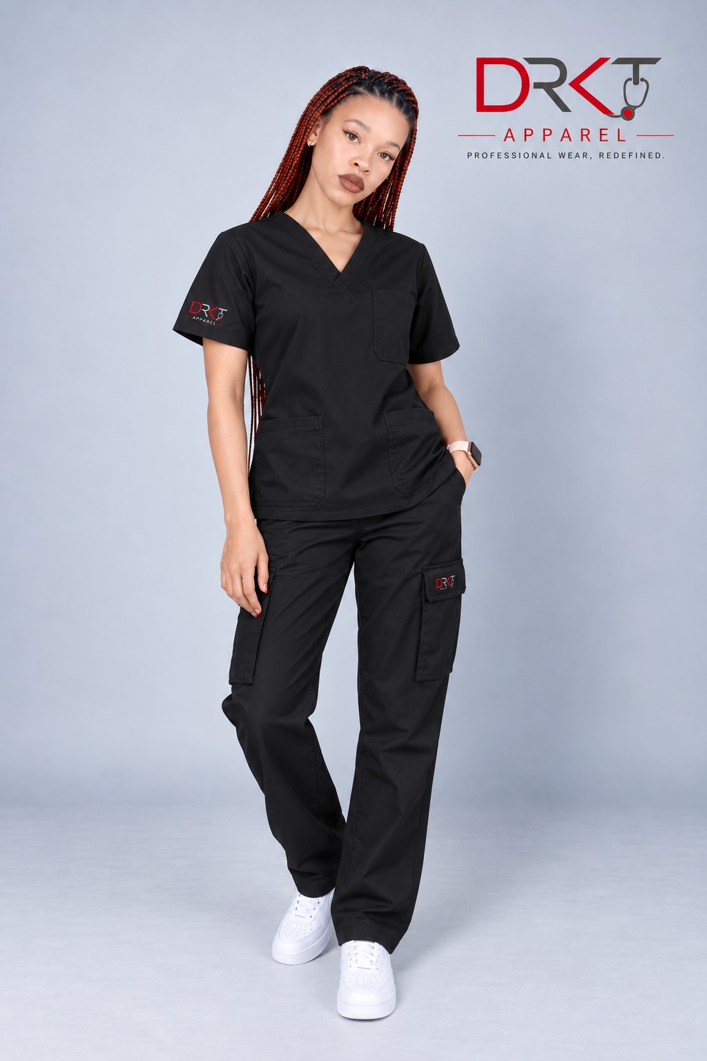 Female model wearing DRKT scrubs